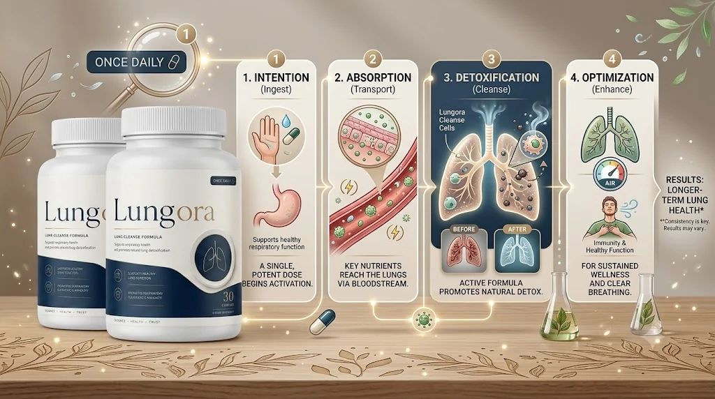 Lungora 4-stage mechanism diagram: intention, absorption, detoxification, optimization